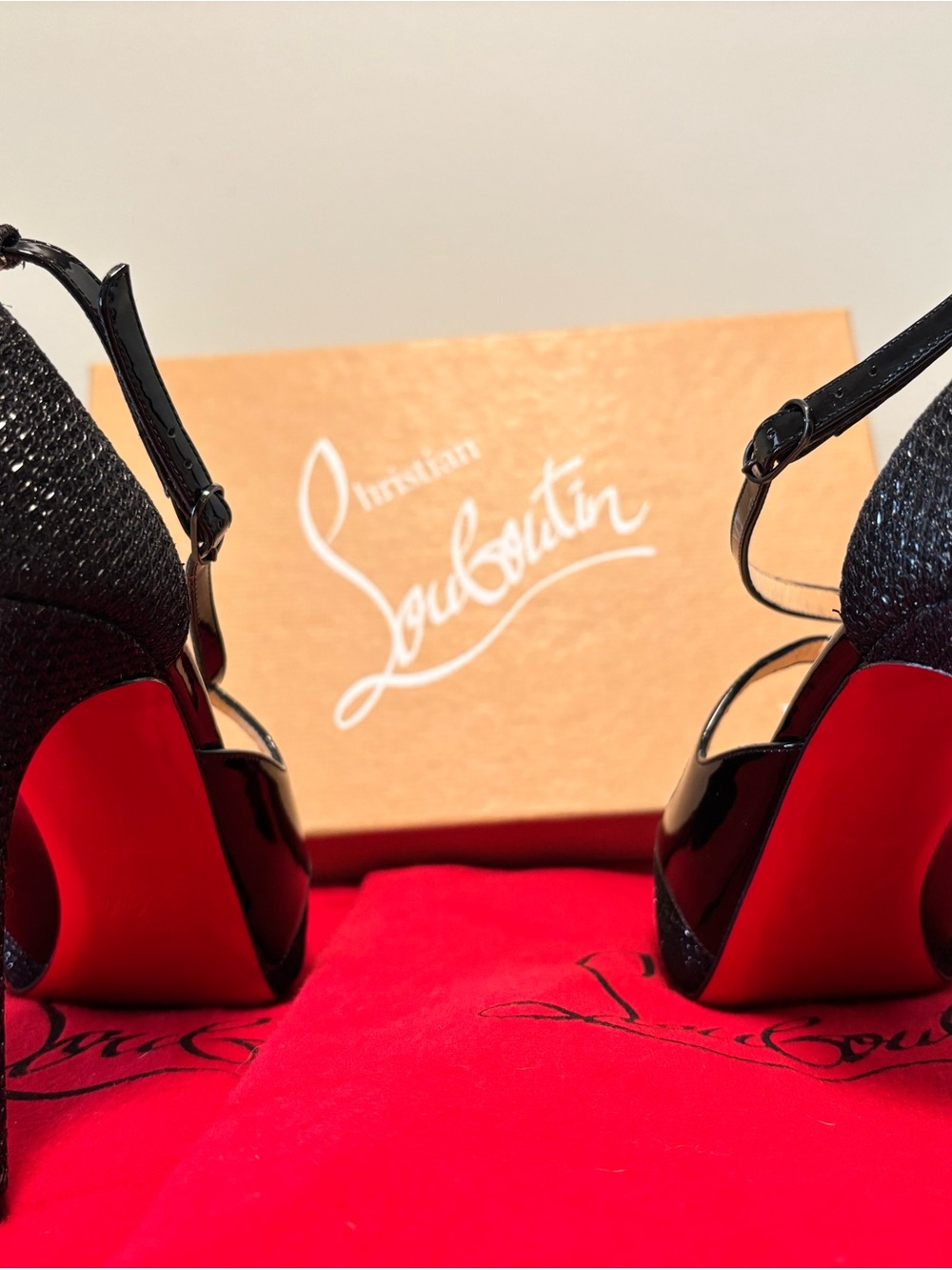 Christian Louboutin Black Glitter Peep-Toe Ankle-Strap Heels with Patent Trim - Picture 4 of 5